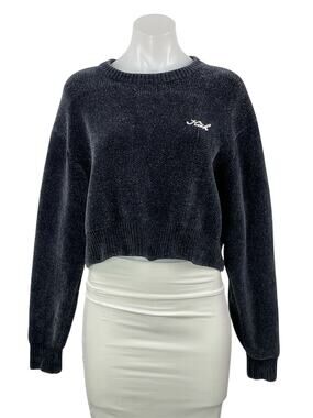 Kith Mica Womens Black Long Sleeves Logo Cropped Crewneck Pullover Sweater Top L
